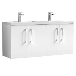 Arno 1200mm Wall Hung 4 Door Vanity Unit with Double Polymarble Basin - Gloss White
