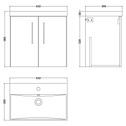 Arno 600mm Wall Hung 2 Door Vanity Unit with Thin-Edge Basin - Gloss White - Technical Drawing