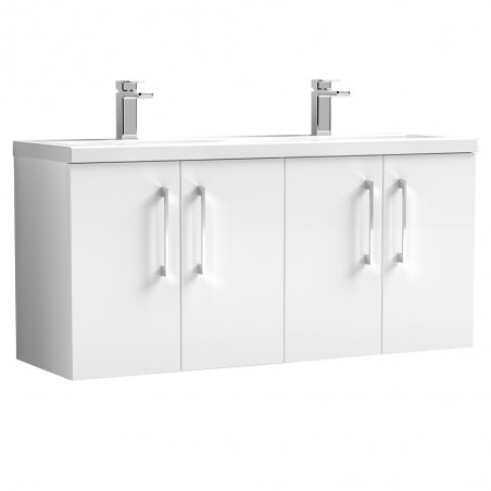 Arno 1200mm Wall Hung 4 Door Vanity Unit with Double Ceramic Basin - Gloss White