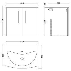 Arno 600mm Wall Hung 2 Door Vanity Unit with Curved Basin - Gloss White - Technical Drawing