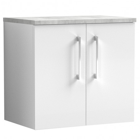 Arno 600mm Wall Hung 2 Door Vanity Unit with Laminate Top - Gloss White/Bellato Grey