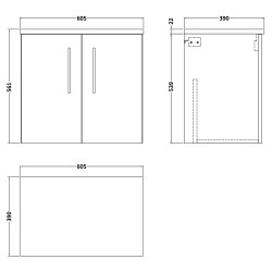 Arno 600mm Wall Hung 2 Door Vanity Unit with Laminate Top - Gloss White/Bellato Grey - Technical Drawing