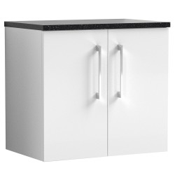 Arno 600mm Wall Hung 2 Door Vanity Unit with Laminate Top - Gloss White/Black Sparkle