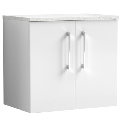 Arno 600mm Wall Hung 2 Door Vanity Unit with Laminate Top - Gloss White/White Sparkle