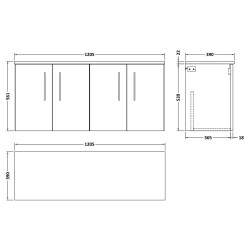 Arno 1200mm Wall Hung 4 Door Vanity Unit & Laminate Worktop - Gloss White/Sparkle White - Technical Drawing