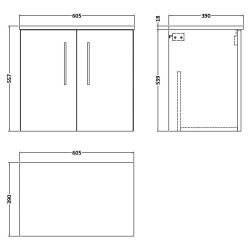 Arno 600mm Wall Hung 2 Door Vanity Unit with Worktop - Gloss White - Technical Drawing
