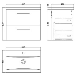 Arno 600mm Wall Hung 2 Drawer Vanity Unit with Mid-Edge Basin - Gloss White - Technical Drawing