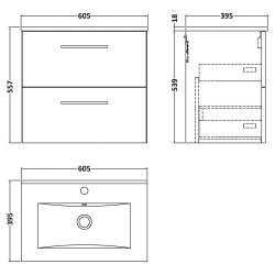 Arno 600mm Wall Hung 2 Drawer Vanity Unit with Minimalist Basin - Gloss White - Technical Drawing
