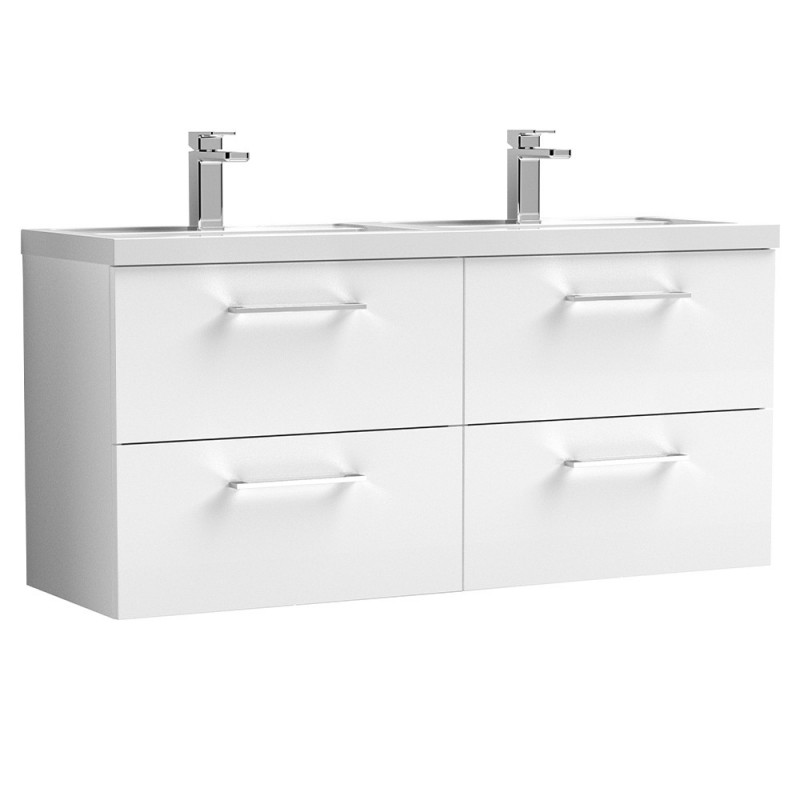 Arno 1200mm Wall Hung 4 Drawer Vanity Unit with Double Polymarble Basin - Gloss White