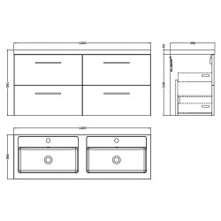 Arno 1200mm Wall Hung 4 Drawer Vanity Unit with Double Polymarble Basin - Gloss White - Technical Drawing