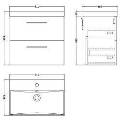 Arno 600mm Wall Hung 2 Drawer Vanity Unit with Thin-Edge Basin - Gloss White - Technical Drawing
