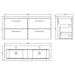 Arno 1200mm Wall Hung 4 Drawer Vanity Unit with Double Ceramic Basin - Gloss White - Technical Drawing