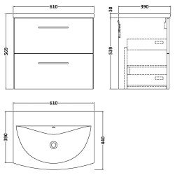 Arno 600mm Wall Hung 2 Drawer Vanity Unit with Curved Basin - Gloss White - Technical Drawing