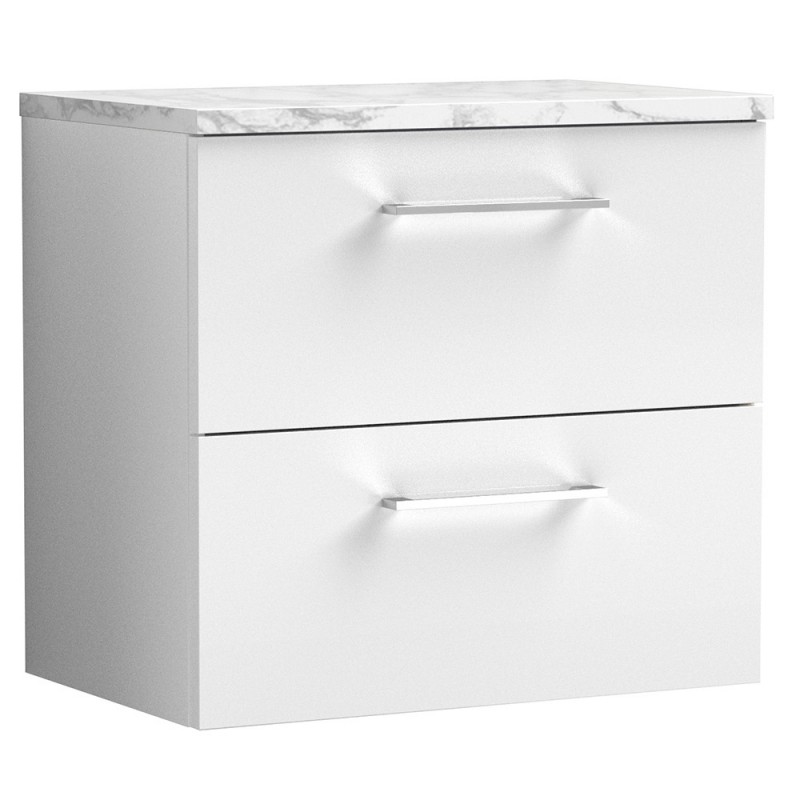 Arno 600mm Wall Hung 2 Drawer Vanity Unit & Laminate Worktop - Gloss White/Carrera Marble Arno 600mm Wall Hung 2 Drawer Vanity Unit & Laminate Worktop - Gloss White/Carrera Marble