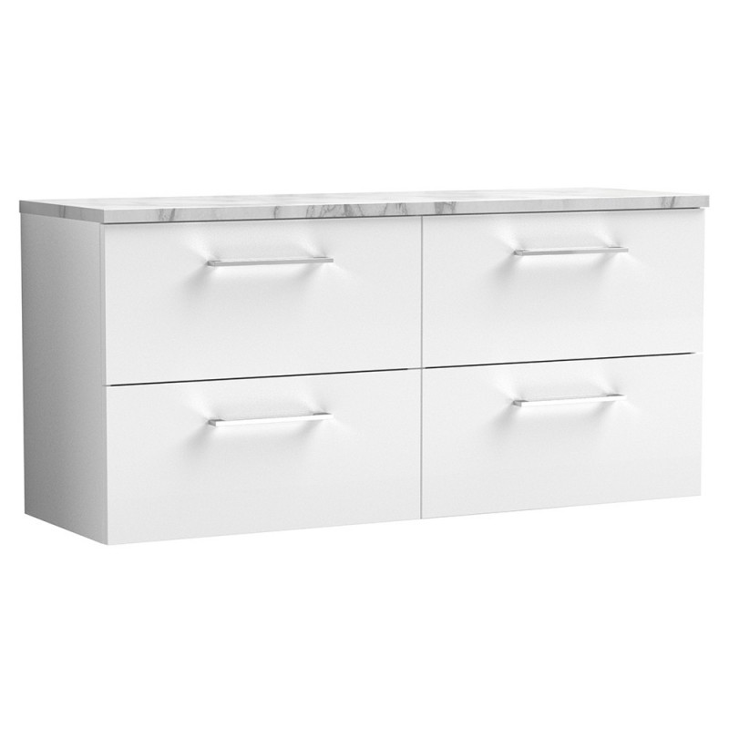 Arno 1200mm Wall Hung 4 Drawer Vanity Unit & Laminate Worktop - Gloss White/Carrera Marble Arno 1200mm Wall Hung 4 Drawer Vanity Unit & Laminate Worktop - Gloss White/Carrera Marble