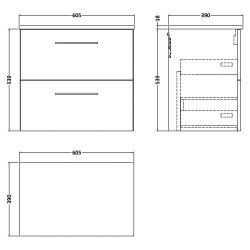 Arno 600mm Wall Hung 2 Drawer Vanity Unit with Worktop - Gloss White - Technical Drawing
