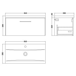Arno 800mm Wall Hung Single Drawer Vanity Unit with Mid-Edge Basin - Gloss White - Technical Drawing