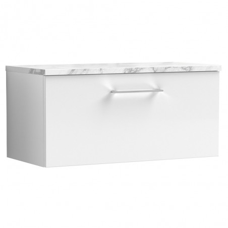 Arno 800mm Wall Hung Single Drawer Vanity Unit & Laminate Worktop - Gloss White/Carrera Marble