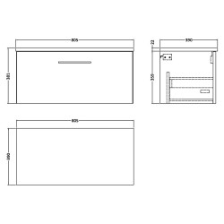 Arno 800mm Wall Hung Single Drawer Vanity Unit & Laminate Worktop - Gloss White/Carrera Marble - Technical Drawing