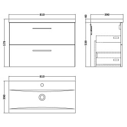 Arno 800mm Wall Hung 2 Drawer Vanity Unit with Mid-Edge Basin - Gloss White - Technical Drawing
