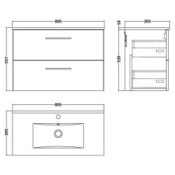 Arno 800mm Wall Hung 2 Drawer Vanity Unit with Minimalist Basin - Gloss White - Technical Drawing
