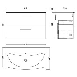 Arno 800mm Wall Hung 2 Drawer Vanity Unit with Curved Basin - Gloss White - Technical Drawing