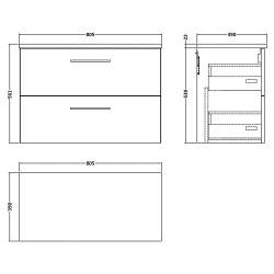 Arno 800mm Wall Hung 2 Drawer Vanity Unit & Laminate Worktop - Gloss White/Carrera Marble - Technical Drawing