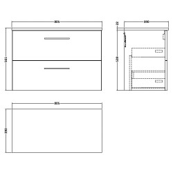 Arno 800mm Wall Hung 2 Drawer Vanity Unit with Laminate Top - Gloss White - Technical Drawing