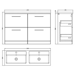 Arno 1200mm Freestanding 4 Drawer Vanity Unit with Double Polymarble Basin - Gloss White - Technical Drawing