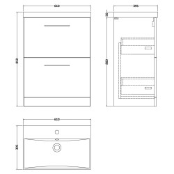 Arno 600mm Freestanding 2 Drawer Vanity Unit with Thin-Edge Basin - Gloss White - Technical Drawing