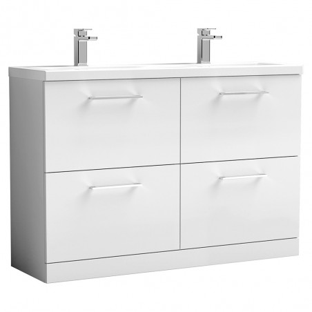 Arno 1200mm Freestanding 4 Drawer Vanity Unit with Double Ceramic Basin - Gloss White