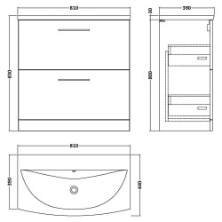 Arno 800mm Freestanding 2 Drawer Vanity Unit with Curved Basin - Gloss White - Technical Drawing