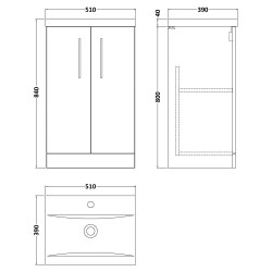 Arno 500mm Freestanding 2 Door Vanity Unit with Mid-Edge Ceramic Basin - Soft Black - Technical Drawing