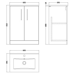 Arno 600mm Freestanding 2 Door Vanity Unit with Minimalist Ceramic Basin - Soft Black - Technical Drawing