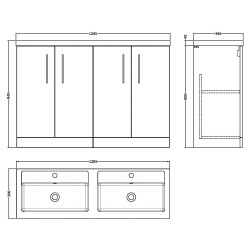 Arno 1200mm Freestanding 4 Door Vanity Unit with Double Polymarble Basin - Soft Black - Technical Drawing