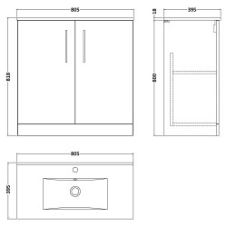 Arno 800mm Freestanding 2 Door Vanity & Minimalist Ceramic Basin - Soft Black - Technical Drawing