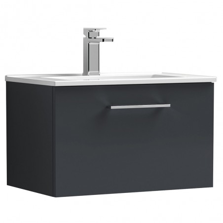 Arno 600mm Wall Hung 1 Drawer Vanity & Minimalist Ceramic Basin - Soft Black