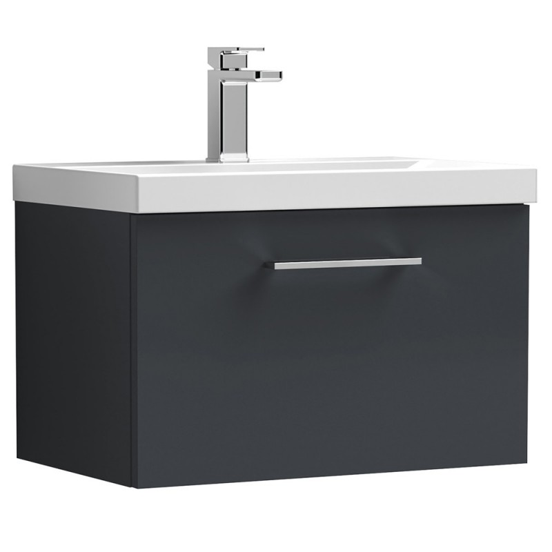 Arno 600mm Wall Hung 1 Drawer Vanity & Thin-Edge Ceramic Basin - Soft Black Arno 600mm Wall Hung 1 Drawer Vanity & Thin-Edge Ceramic Basin - Soft Black