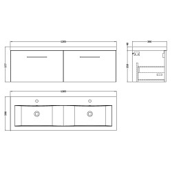 Arno 1200mm Wall Hung 2 Drawer Vanity & Double Ceramic Basin - Soft Black - Technical Drawing