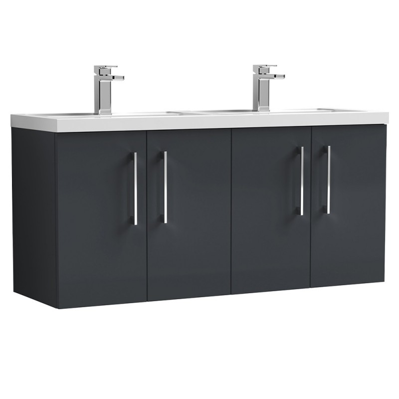 Arno 1200mm Wall Hung 4 Door Vanity & Double Polymarble Basin - Soft Black Arno 1200mm Wall Hung 4 Door Vanity & Double Polymarble Basin - Soft Black