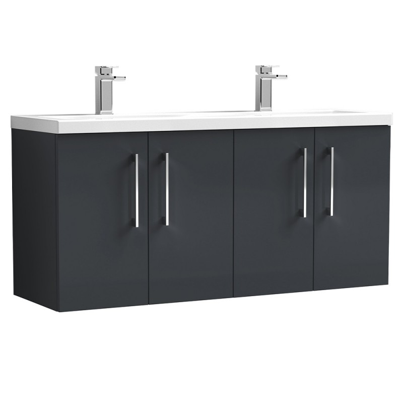 Arno 1200mm Wall Hung 4 Door Vanity & Double Ceramic Basin - Soft Black Arno 1200mm Wall Hung 4 Door Vanity & Double Ceramic Basin - Soft Black