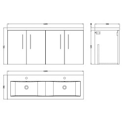Arno 1200mm Wall Hung 4 Door Vanity & Double Ceramic Basin - Soft Black - Technical Drawing