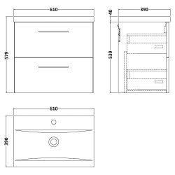 Arno 600mm Wall Hung 2 Drawer Vanity & Mid-Edge Ceramic Basin - Soft Black - Technical Drawing