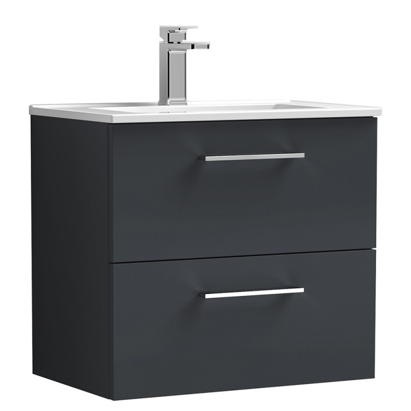 Arno 600mm Wall Hung 2 Drawer Vanity & Minimalist Ceramic Basin - Soft Black Arno 600mm Wall Hung 2 Drawer Vanity & Minimalist Ceramic Basin - Soft Black