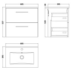 Arno 600mm Wall Hung 2 Drawer Vanity & Minimalist Ceramic Basin - Soft Black - Technical Drawing