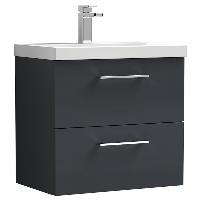 Arno 600mm Wall Hung 2 Drawer Vanity & Thin-Edge Ceramic Basin - Soft Black Arno 600mm Wall Hung 2 Drawer Vanity & Thin-Edge Ceramic Basin - Soft Black