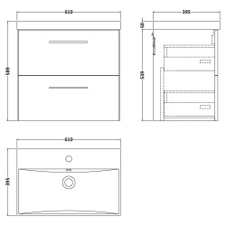 Arno 600mm Wall Hung 2 Drawer Vanity & Thin-Edge Ceramic Basin - Soft Black - Technical Drawing