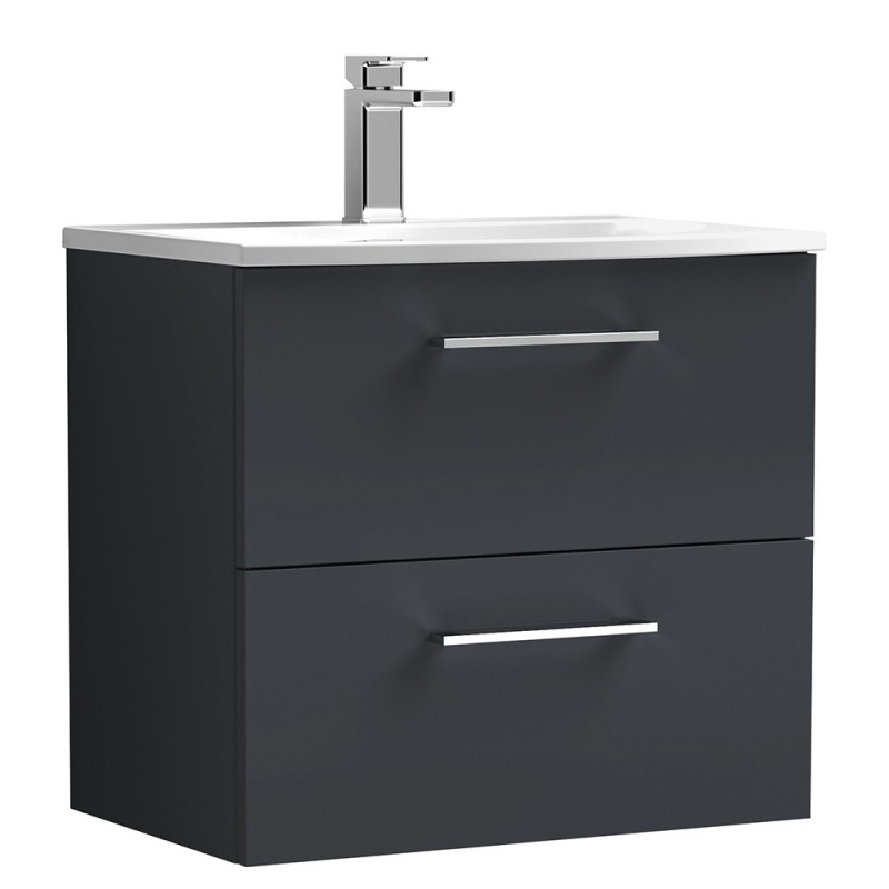Arno 600mm Wall Hung 2 Drawer Vanity & Curved Ceramic Basin - Soft Black Arno 600mm Wall Hung 2 Drawer Vanity & Curved Ceramic Basin - Soft Black