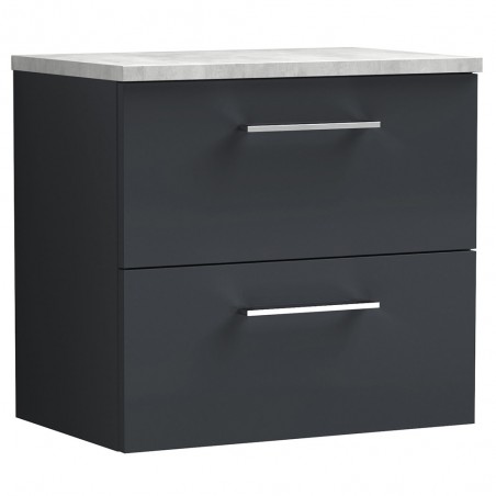 Arno 600mm Wall Hung 2 Drawer Vanity & Laminate Worktop - Soft Black/Bellato Grey