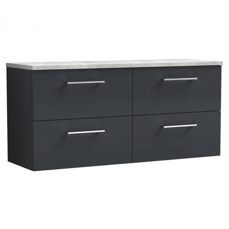 Arno 1200mm Wall Hung 4 Drawer Vanity Unit & Laminate Worktop - Soft Black/Bellato Grey